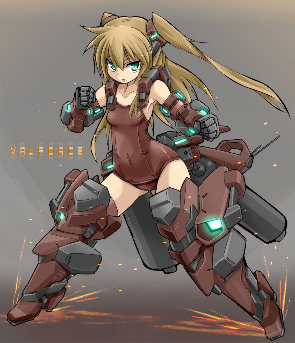 1girl brown_hair densou_tenshi_valforce fang fighting_stance green_eyes headgear karukan_(monjya) long_hair mecha_musume mechanical_arms misawa_elena neon_trim one-piece_swimsuit red_legwear red_swimsuit school_swimsuit small_breasts solo sparks swimsuit thigh-highs thrusters two_side_up