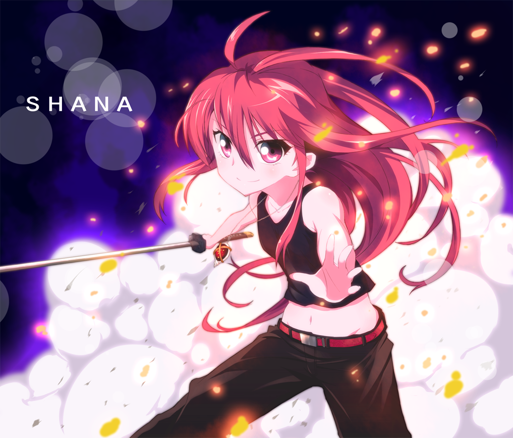 1girl belt character_name fire long_hair midriff mokkei navel red_eyes redhead shakugan_no_shana shana sword weapon