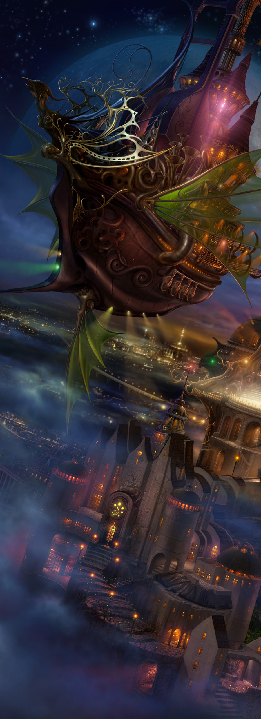 airship bad_id castle cityscape fantasy flying fog highres moon night no_humans original scenery ship star ucchiey