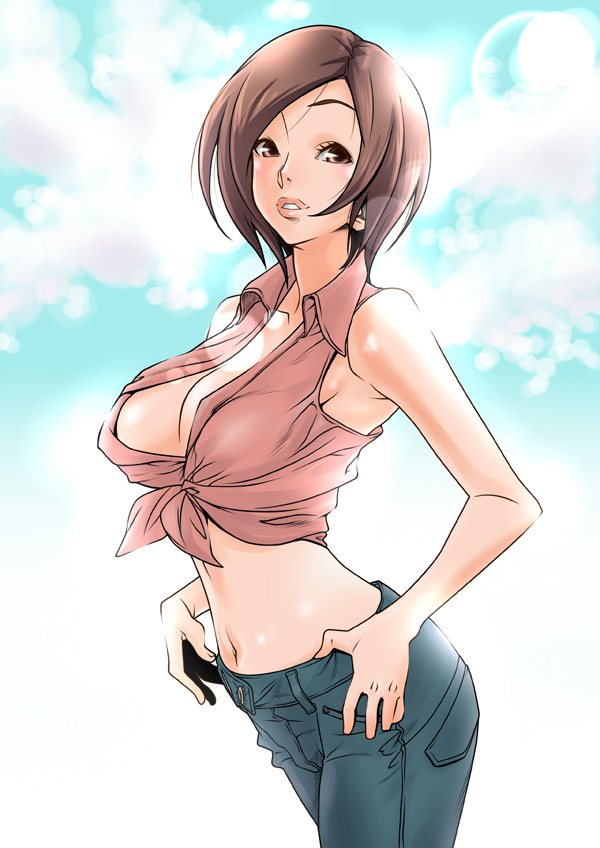 breasts brown_eyes brown_hair casual cleavage front-tie_top hirabaru_kenji jeans large_breasts lips meiko midriff navel pants short_hair smile solo vocaloid