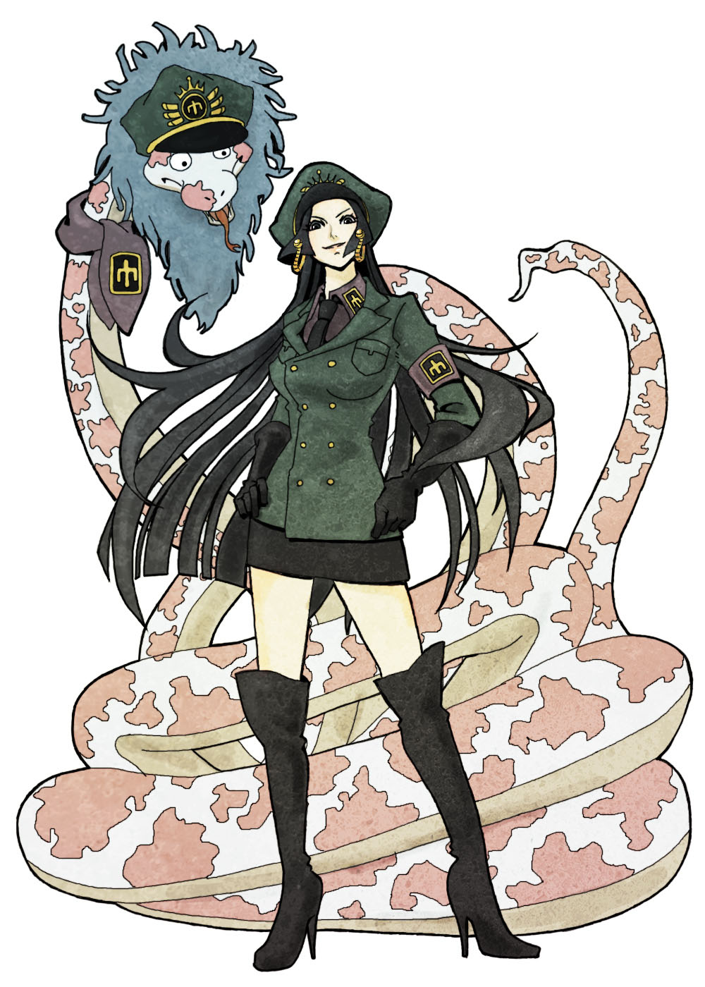 armband boa_hancock boots hat highres impel_down military_uniform miniskirt one_piece peaked_cap photoshop skirt snake thigh-highs thigh_boots uniform