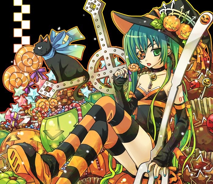 aqua_hair candy cat checkerboard_cookie cookie cross crossed_legs detached_sleeves eyepatch food food_themed_clothes fork halloween hat hatsune_miku key kutenriri lollipop long_hair oversized_object pumpkin ribbon shaped_lollipop sitting swirl_lollipop thigh-highs thighhighs twintails vocaloid witch_hat zettai_ryouiki