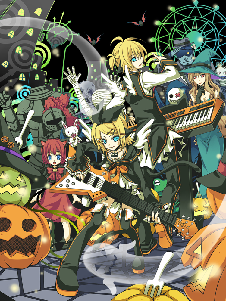 animal_ears aqua_eyes armor back-to-back back_to_back bell bell_collar blonde_hair boots bunny cat_ears collar fork guitar hair_ornament hair_ribbon hairclip halloween hat instrument jingle_bell kagamine_len kagamine_rin keyboard keyboard_(instrument) knee_boots kutenriri mummy pumpkin rabbit ribbon short_hair siblings smile tail twins vocaloid wings witch_hat zombie