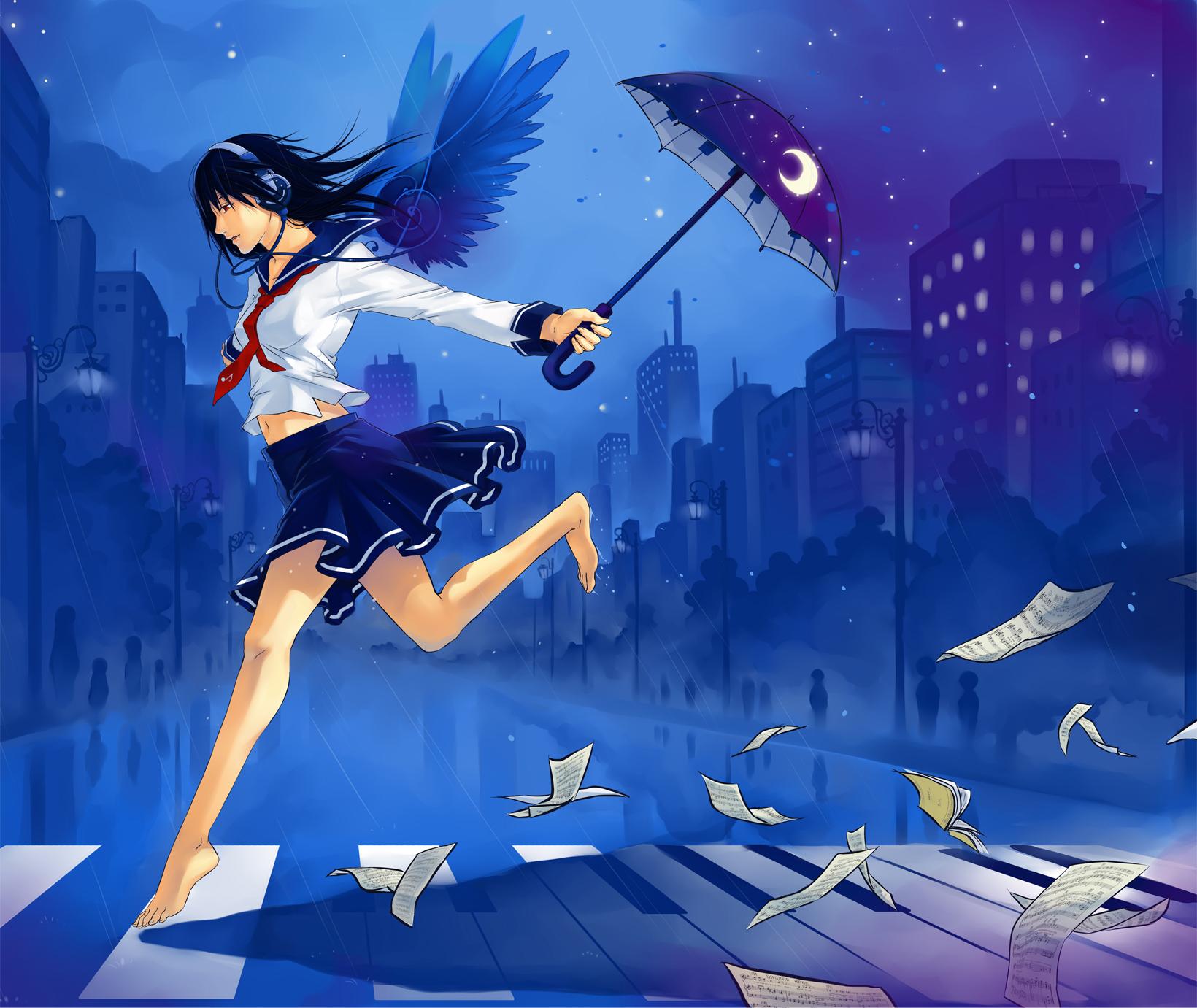 black_hair crescent crosswalk feet flying_paper headphones highres night original paper piano_print qinni rain red_eyes running school_uniform serafuku sheet_music solo umbrella wings