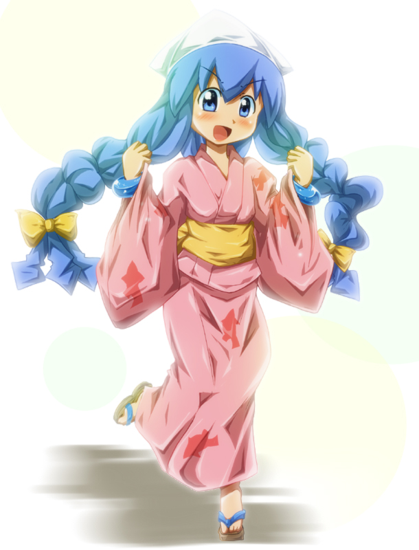 1girl blue_eyes blue_hair braid hat ikamusume japanese_clothes kimono long_hair sandals shinryaku!_ikamusume shishinon tentacle_hair twin_braids yukata