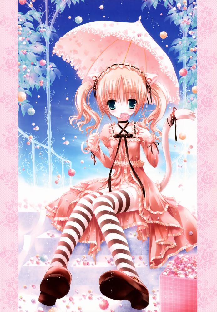 candy choker dress frills gathers lolita_fashion lollipop red_shoes ribbon striped striped_legwear sweet_lolita swirl_lollipop tail thigh-highs thighhighs tinker_bell twintails umbrella