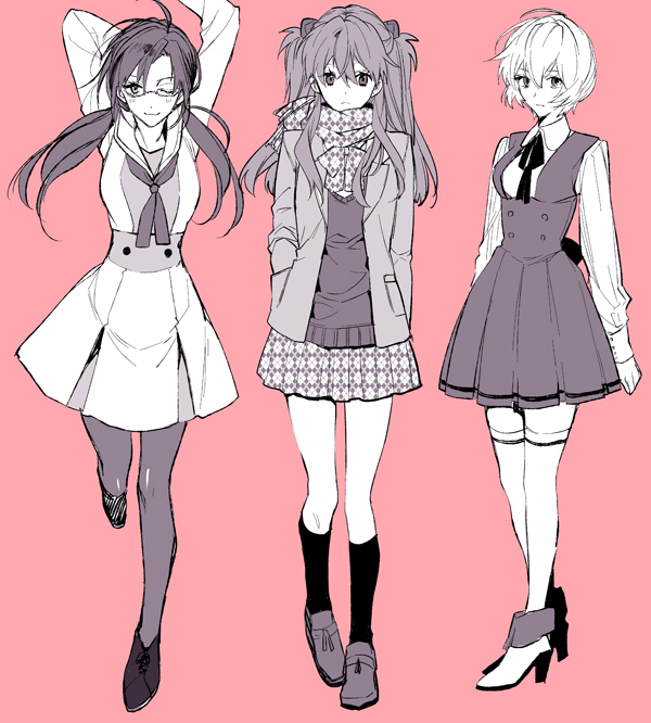 3girls alternate_costume ayanami_rei glasses hair_ornament kneehighs long_hair makinami_mari_illustrious multiple_girls neon_genesis_evangelion pantyhose pink_background rebuild_of_evangelion ro-a scarf school_uniform shikinami_asuka_langley short_hair skirt souryuu_asuka_langley thigh-highs twintails two_side_up