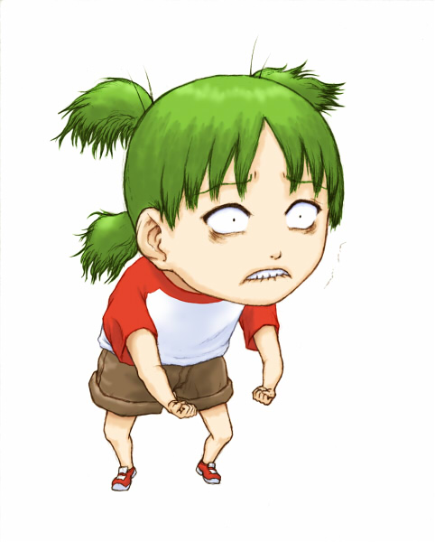 1girl biting green_hair koiwai_yotsuba lip_biting quad_tails shorts simple_background solo t-shirt tenji_sanmon white_background yotsubato!