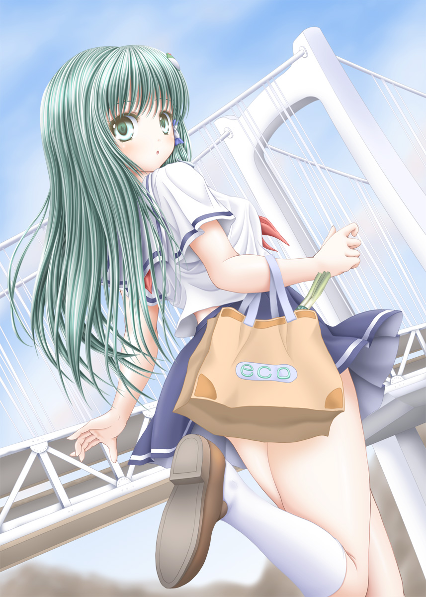 1girl akino_irori alternate_costume bag blue_sky breasts bridge censored clouds convenient_censoring frog_hair_ornament green_eyes green_hair hair_ornament highres kochiya_sanae large_breasts loafers long_hair looking_at_viewer looking_back neckerchief pleated_skirt running school_uniform serafuku shirt shoe_soles shoes shopping_bag short_sleeves skirt sky solo touhou very_long_hair wind_lift