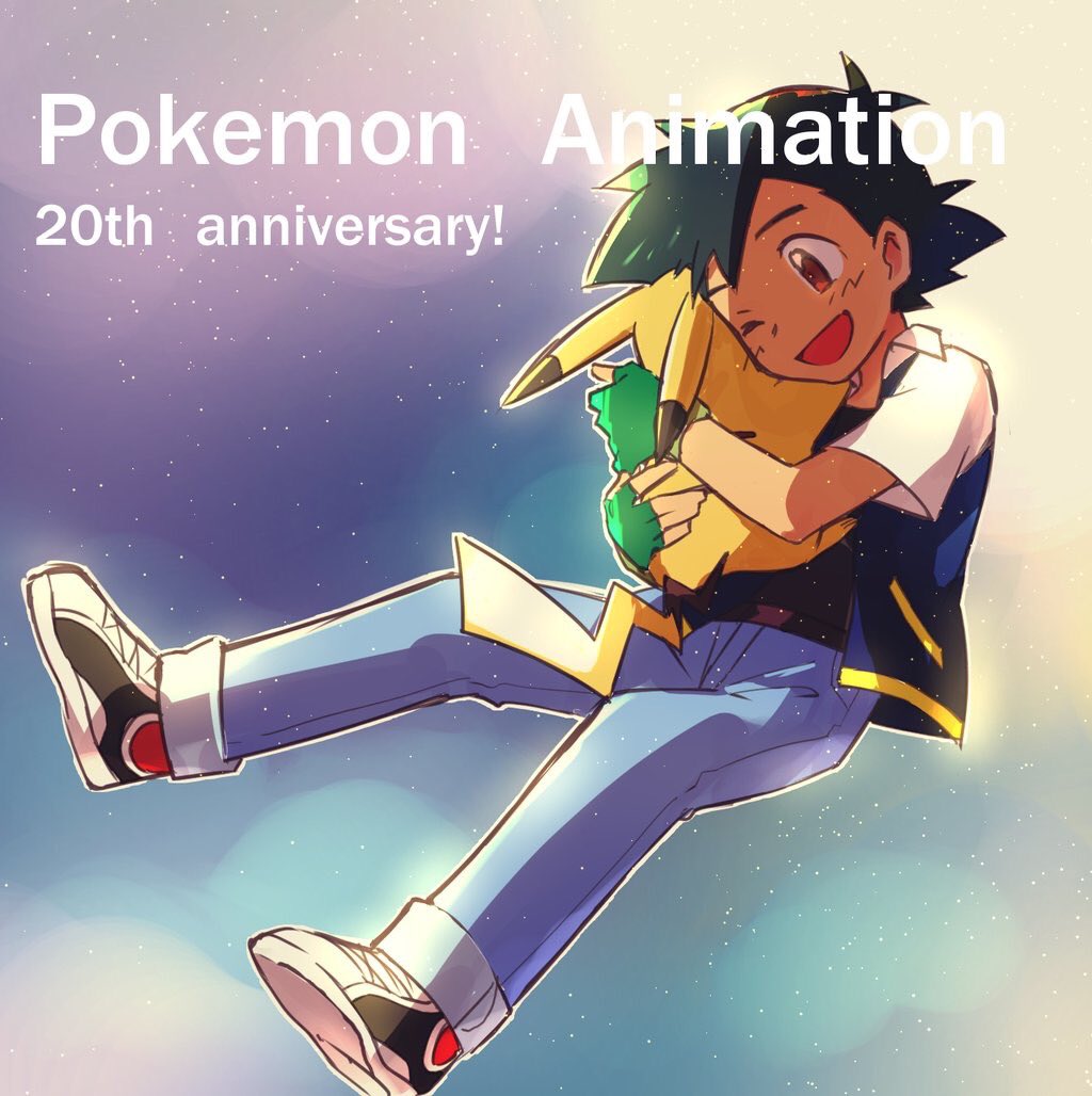 1boy ;d ame_(ame025) anniversary ash_ketchum bangs brown_eyes collared_jacket commentary_request copyright_name gen_1_pokemon holding holding_pokemon jacket male_focus number one_eye_closed open_clothes open_jacket open_mouth outline pants pikachu pokemon pokemon_(anime) pokemon_(classic_anime) pokemon_(creature) shoes short_hair short_sleeves smile white_footwear