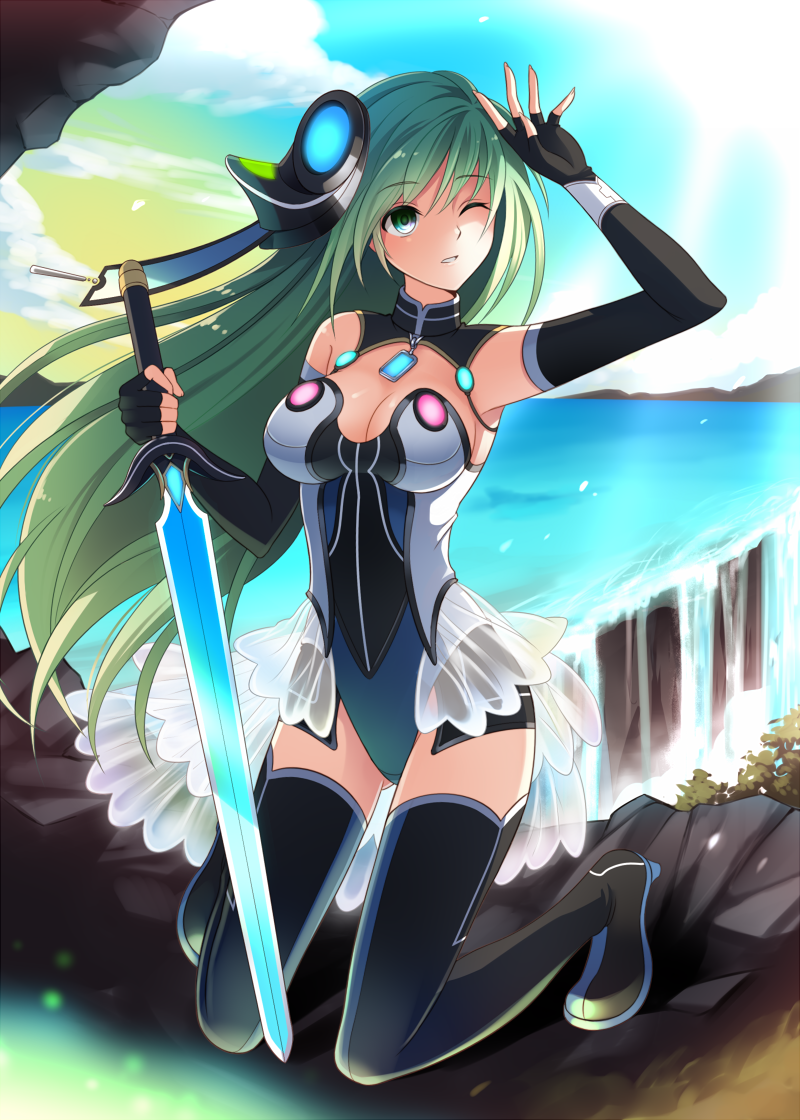 1girl armpits boots breasts cleavage clouds elbow_gloves fingerless_gloves gloves green_eyes green_hair hair_ornament hand_up kneeling leotard long_hair milcho ocean one_eye_closed open_mouth original showgirl_skirt solo sword thigh-highs thigh_boots water waterfall weapon