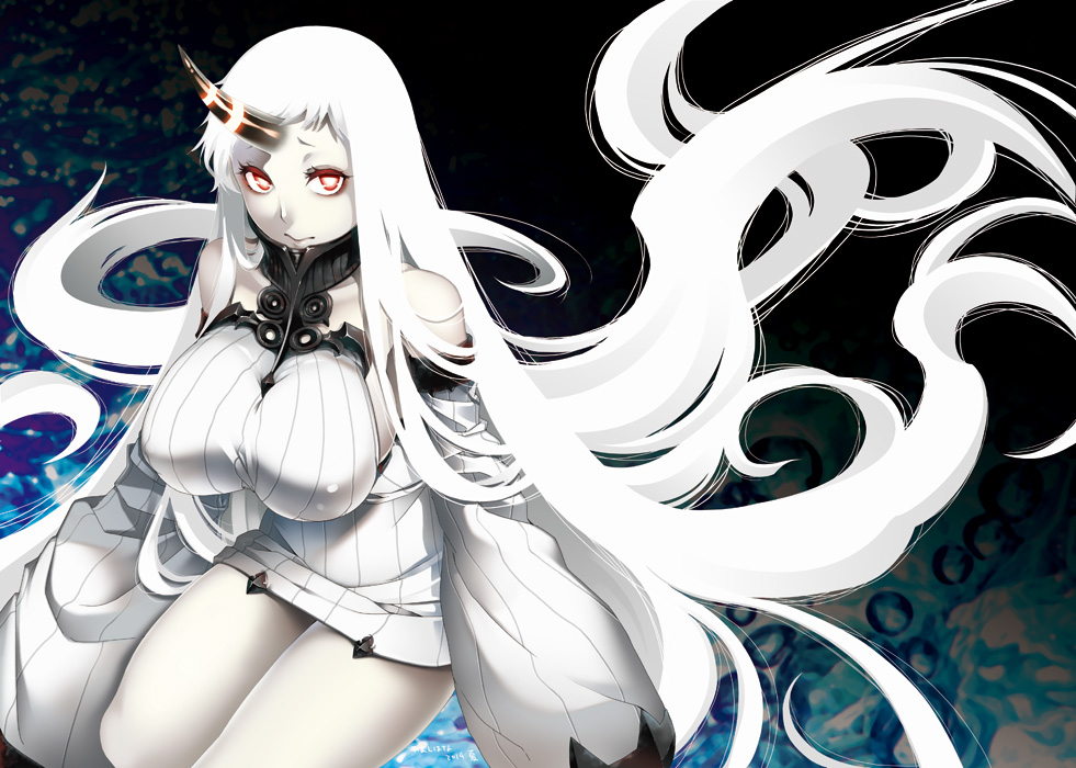1girl bare_shoulders breasts claws detached_sleeves hiyoshi_hana horn kantai_collection large_breasts long_hair looking_at_viewer pale_skin red_eyes ribbed_dress seaport_hime shinkaisei-kan solo very_long_hair white_hair