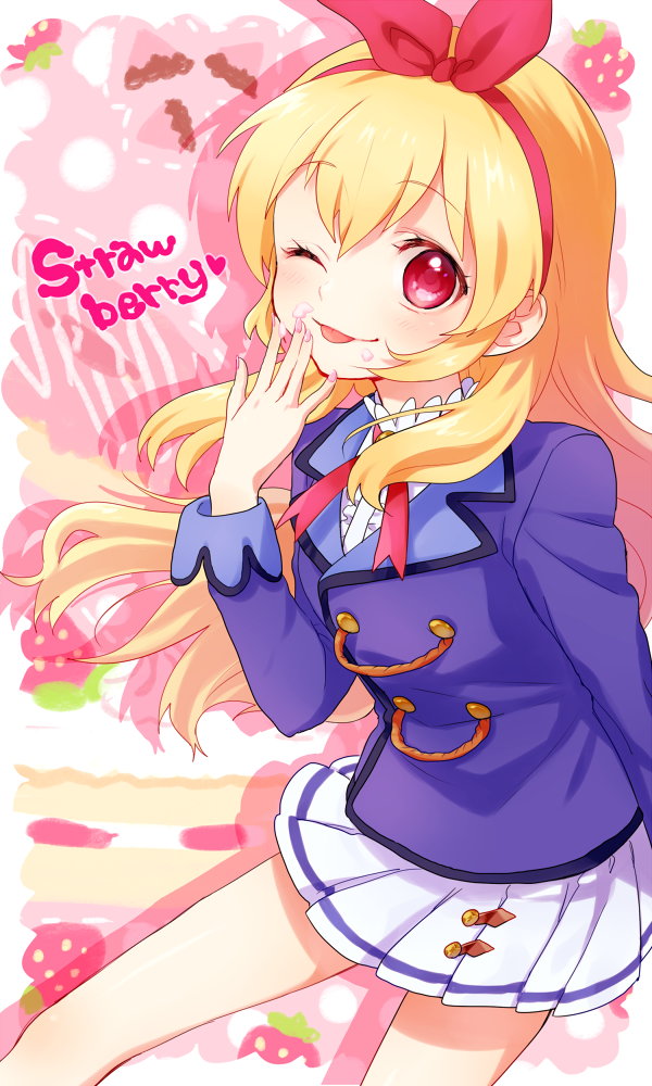 1girl :p aikatsu! blonde_hair blue21 blush bow food food_on_face hair_bow hairband hoshimiya_ichigo jacket long_hair looking_at_viewer one_eye_closed open_clothes open_jacket pleated_skirt red_eyes school_uniform skirt smile solo tongue tongue_out