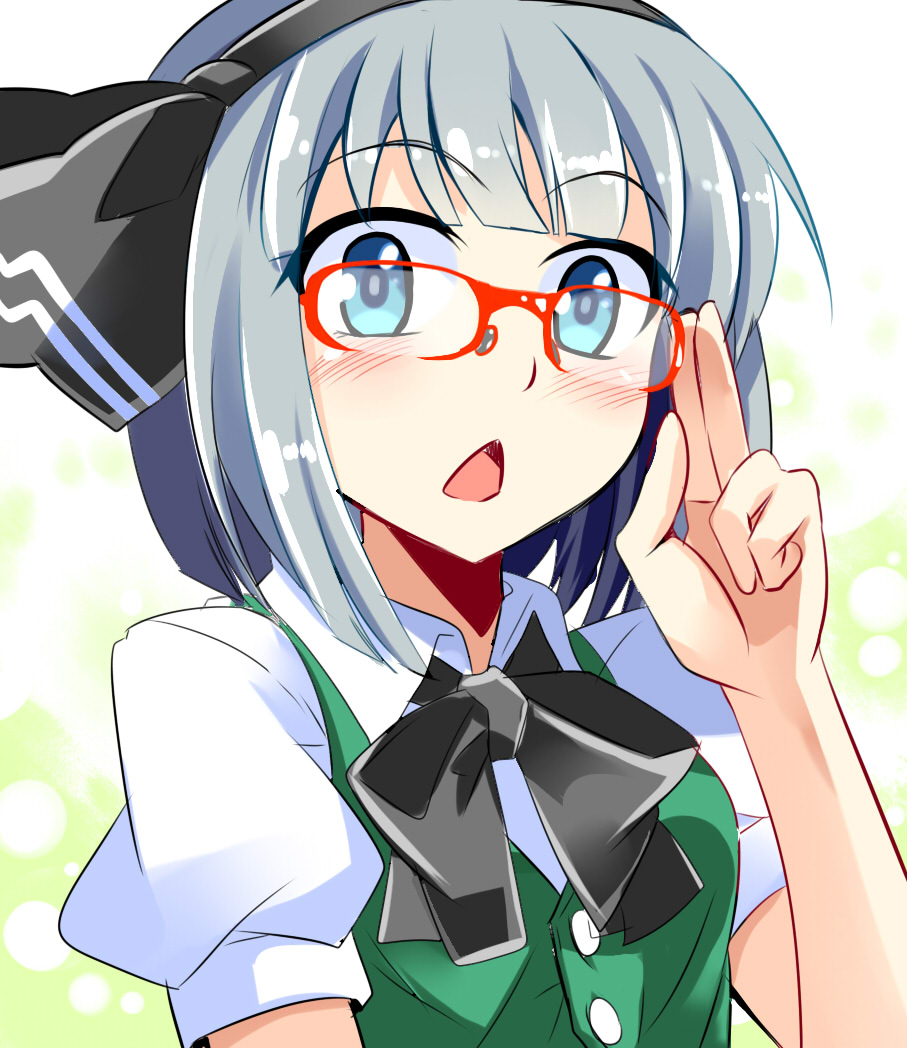 1girl adjusting_glasses bespectacled blue_eyes blush bow bust chestnut_mouth e.o. glasses grey_hair hairband konpaku_youmu open_mouth red-framed_glasses short_hair solo touhou