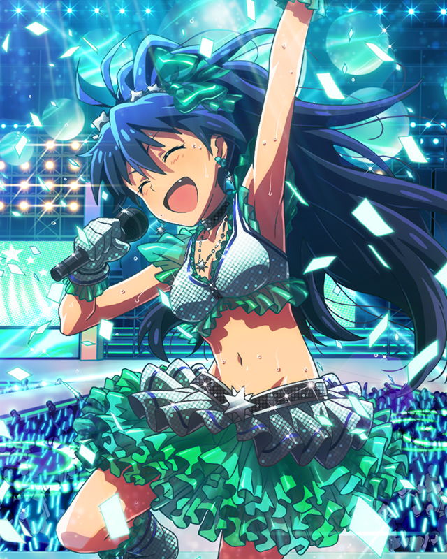 1girl ^_^ arm_up armpits audience black_hair blush closed_eyes crop_top earrings frills ganaha_hibiki gloves glowstick idolmaster idolmaster_million_live! jewelry microphone midriff navel necklace open_mouth pendant ponytail singing skirt smile stage wireless