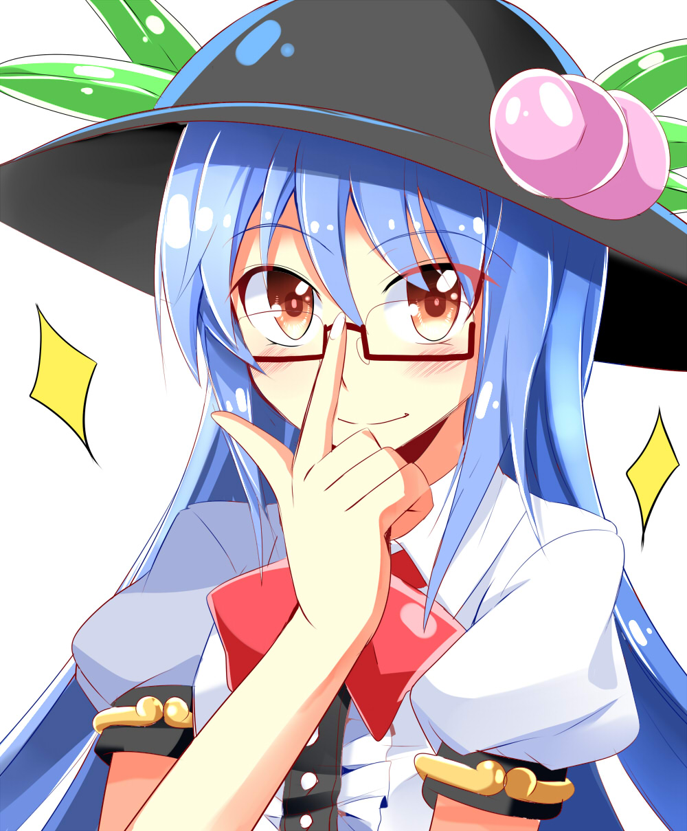 1girl adjusting_glasses bespectacled blue_hair blush brown_eyes bust e.o. food fruit glasses hat highres hinanawi_tenshi long_hair peach smile solo touhou white_background