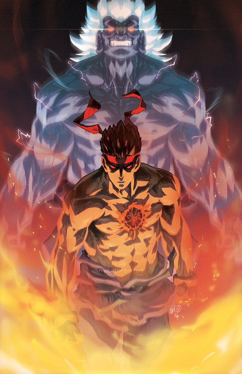 2boys abs aura dark_skin dougi electricity evil_ryuu fire glowing glowing_eyes headband highres hole_in_chest injury jeffrey_cruz kuruoshiki_oni multiple_boys muscle purple_skin red_eyes redhead scar shirtless spiky_hair street_fighter street_fighter_iv super_street_fighter_iv white_hair