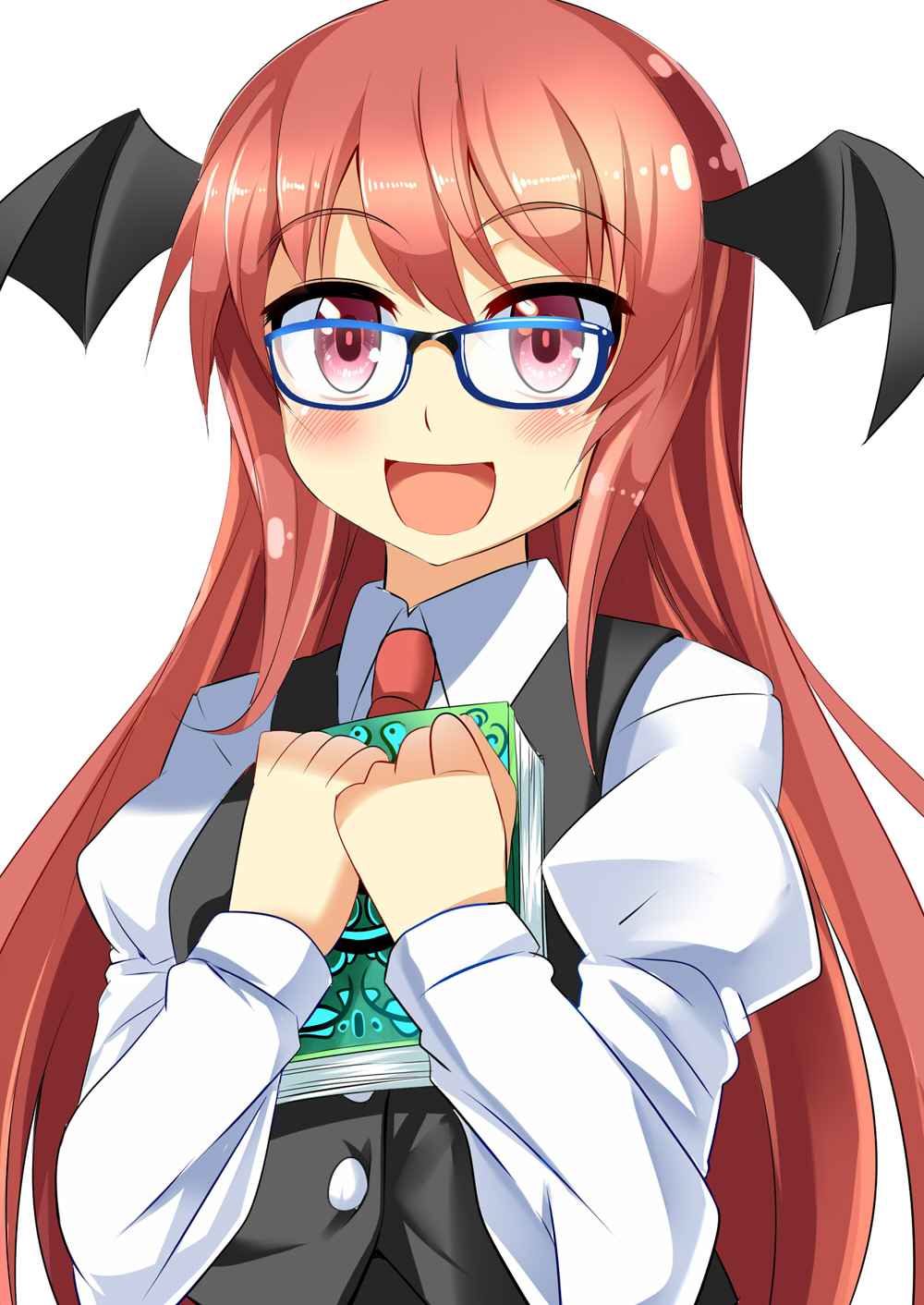 1girl bespectacled black_dress blue-framed_glasses blush book book_hug bust dress e.o. glasses head_wings highres holding holding_book juliet_sleeves koakuma long_hair long_sleeves necktie open_mouth pink_eyes puffy_sleeves redhead simple_background smile solo touhou very_long_hair white_background