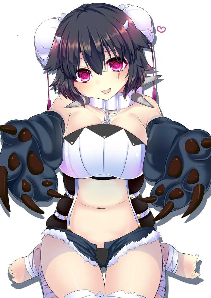 1girl bandages barefoot black_hair black_panties breasts bun_cover claws collar double_bun haruta_(806060) horns large_breasts looking_at_viewer original outstretched_arms panties red_eyes seiza short_shorts shorts sitting solo spiked_collar spikes underwear unzipped