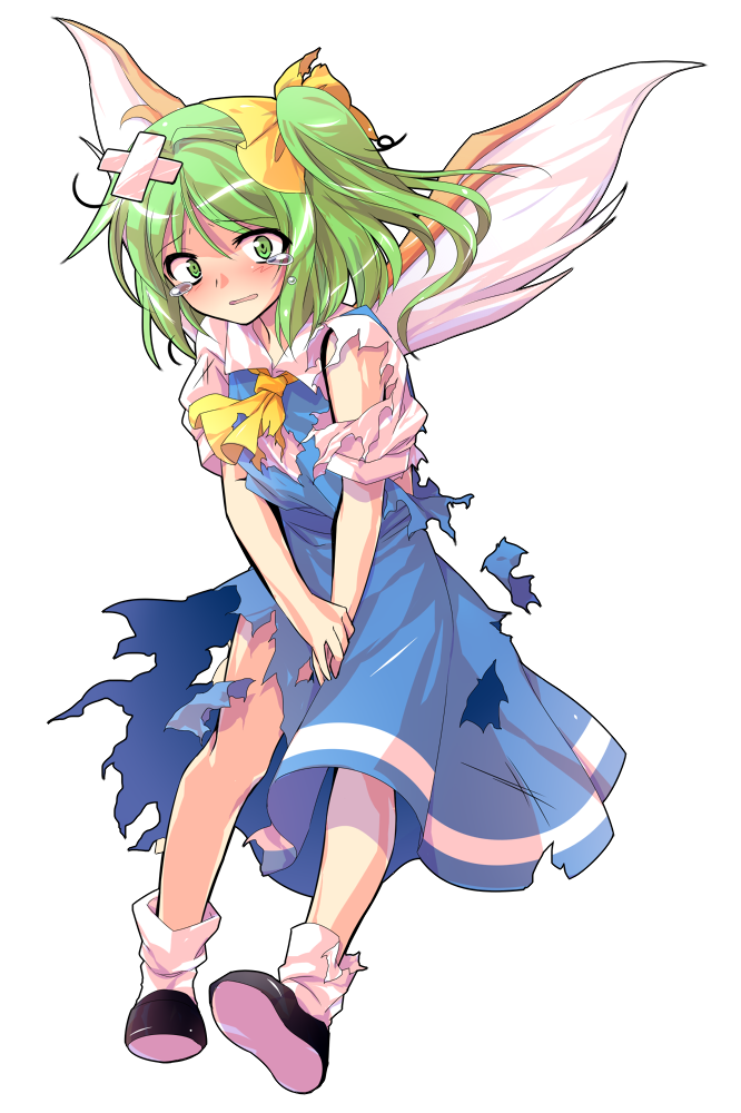 1girl alphes_(style) ascot blue_dress blush dairi daiyousei dress green_eyes green_hair looking_at_viewer parody short_hair side_ponytail solo style_parody tears torn_clothes touhou transparent_background wings