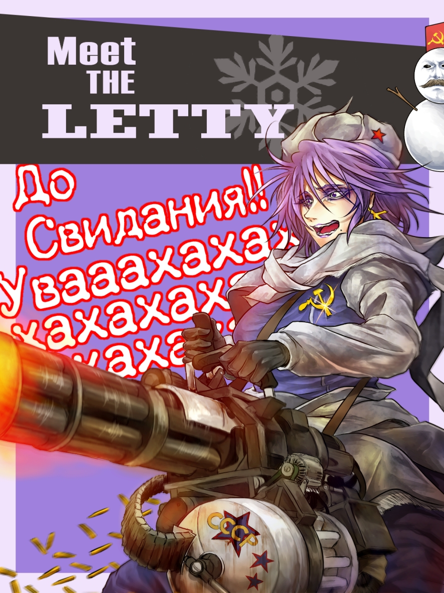 1girl ammunition communism crossover earrings facial_hair gloves gun hammer_and_sickle hat jewelry joseph_stalin lavender_hair letty_whiterock long_sleeves meet_the_team mustache open_mouth russian ryuuichi_(f_dragon) short_hair snowflakes snowman solo soviet star team_fortress_2 the_heavy touhou violet_eyes weapon