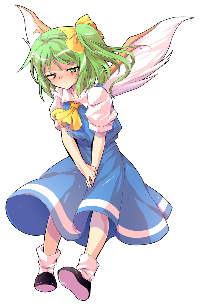 1girl alphes_(style) ascot blue_dress blush dairi daiyousei dress green_eyes green_hair looking_at_viewer parody short_hair side_ponytail smile solo style_parody touhou transparent_background wings