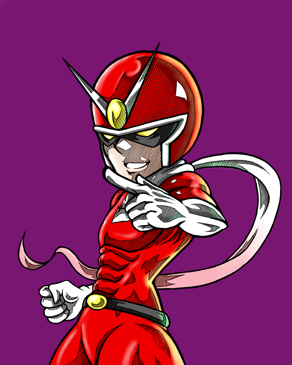 1boy abs clenched_hand gloves helmet highres mask no_pupils scarf skin_tight solo uri_(ayanokouziii) viewtiful_joe viewtiful_joe_(character) white_gloves yellow_eyes