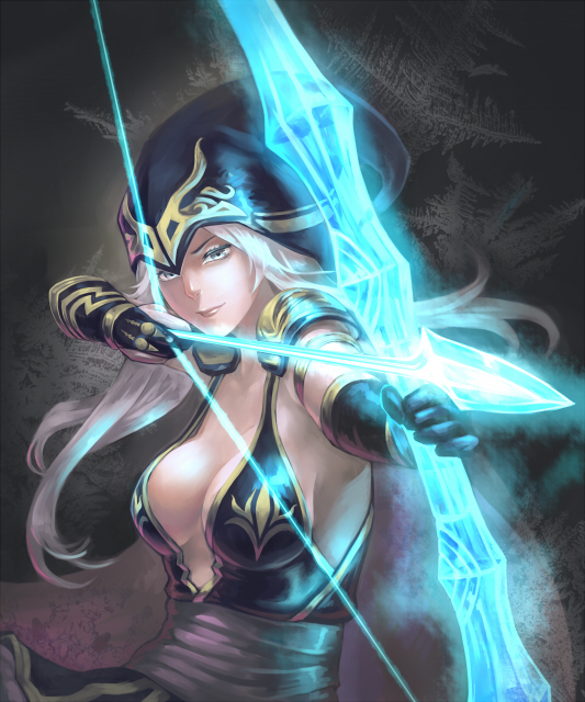 1girl arrow ashe_(league_of_legends) aura blue_clothes blue_eyes bow_(weapon) breasts bridal_gauntlets cape cleavage elbow_gloves gloves hood league_of_legends lips long_hair looking_at_viewer pointing pointing_at_viewer scotishfold sideboob solo spaulders weapon white_hair