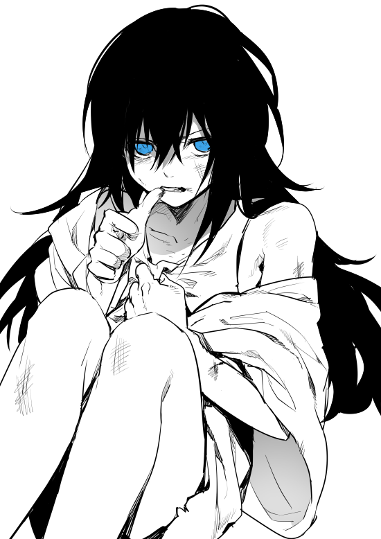 1girl angry black_hair blue_eyes chewing erubo frown long_hair looking_at_viewer monochrome original scowl scratches sitting spot_color white_background
