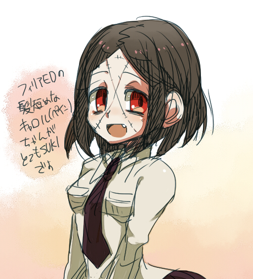 1girl brown_hair carol_(skullgirls) fang hokuto_(sonictokusetsu) necktie open_mouth painwheel_(skullgirls) red_eyes scar school_uniform skullgirls small_breasts smile solo spoilers stitches