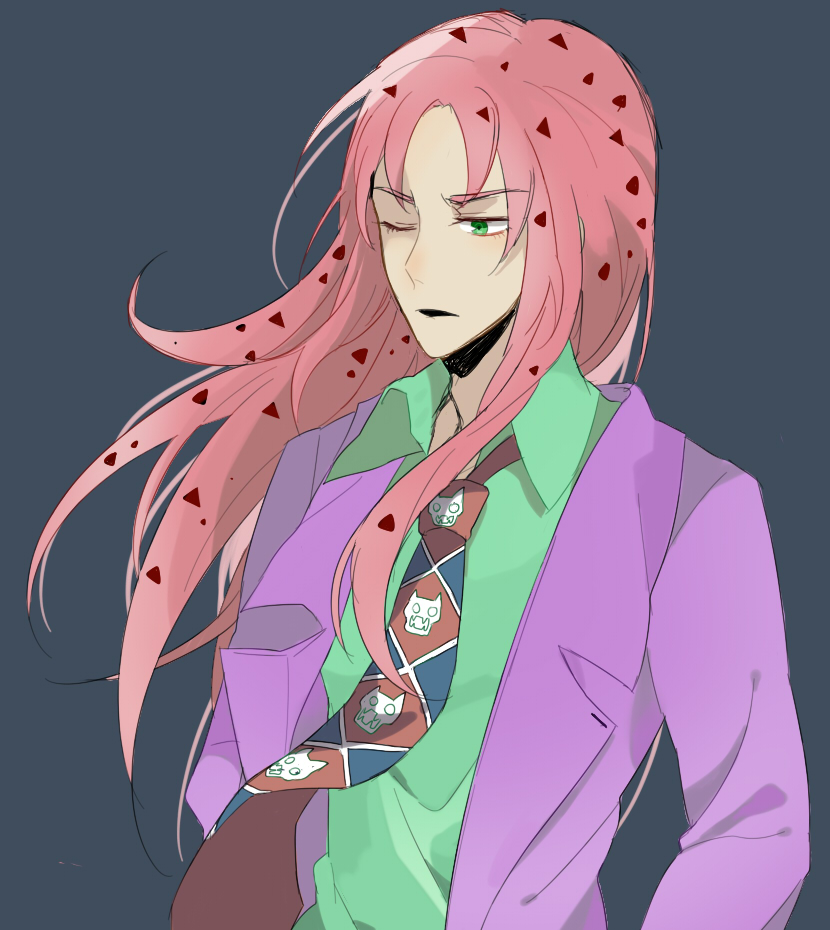 1boy black_lipstick cosplay diavolo formal jojo_no_kimyou_na_bouken kidosora kira_yoshikage kira_yoshikage_(cosplay) lipstick long_hair makeup necktie pink_hair solo suit