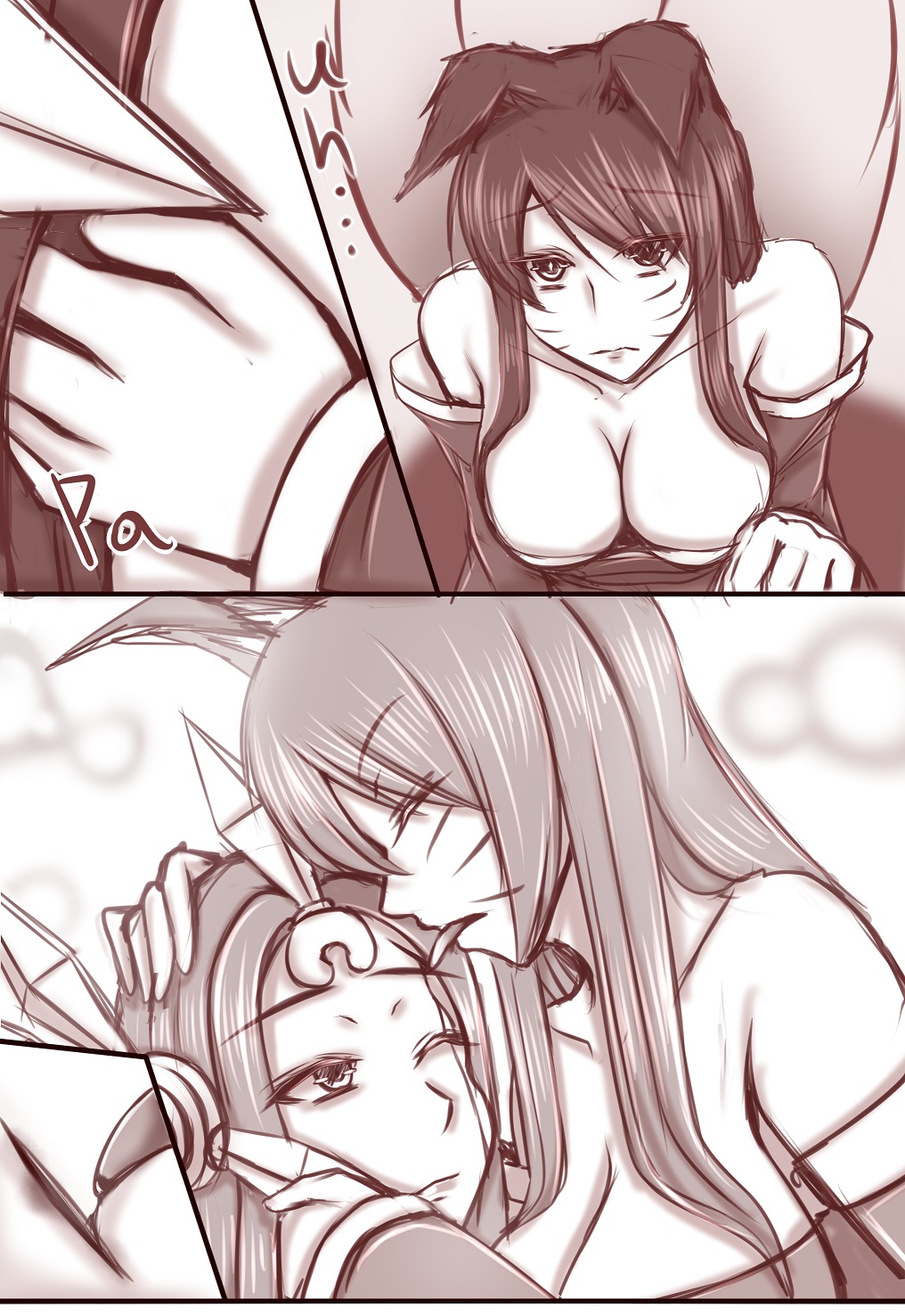 2girls ahri animal_ears armor breasts cleavage closed_eyes collarbone down_blouse fox_ears fox_girl fox_tail full_armor hair_between_eyes hand_on_another's_face hand_on_another's_head highres large_breasts league_of_legends leaning_forward leona_(league_of_legends) licking_injury long_hair looking_at_another monochrome multiple_girls multiple_tails off_shoulder one_eye_closed sepia tail tsugumi_(artist)