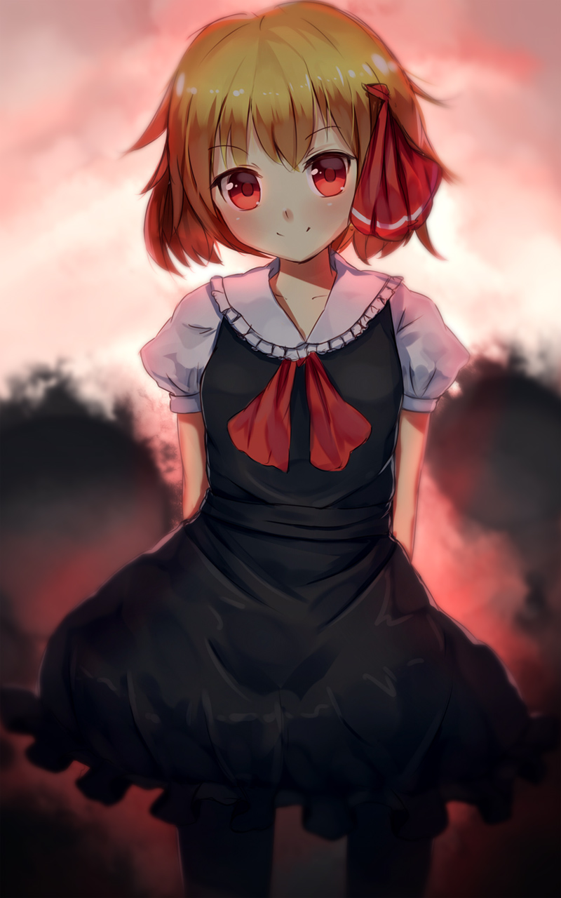 1girl arms_behind_back black_legwear blonde_hair blurry contrapposto depth_of_field hair_ribbon head_tilt highres looking_at_viewer outdoors pantyhose puffy_short_sleeves puffy_sleeves red_eyes ribbon rumia shone short_hair short_sleeves skirt skirt_set smile solo sunset touhou