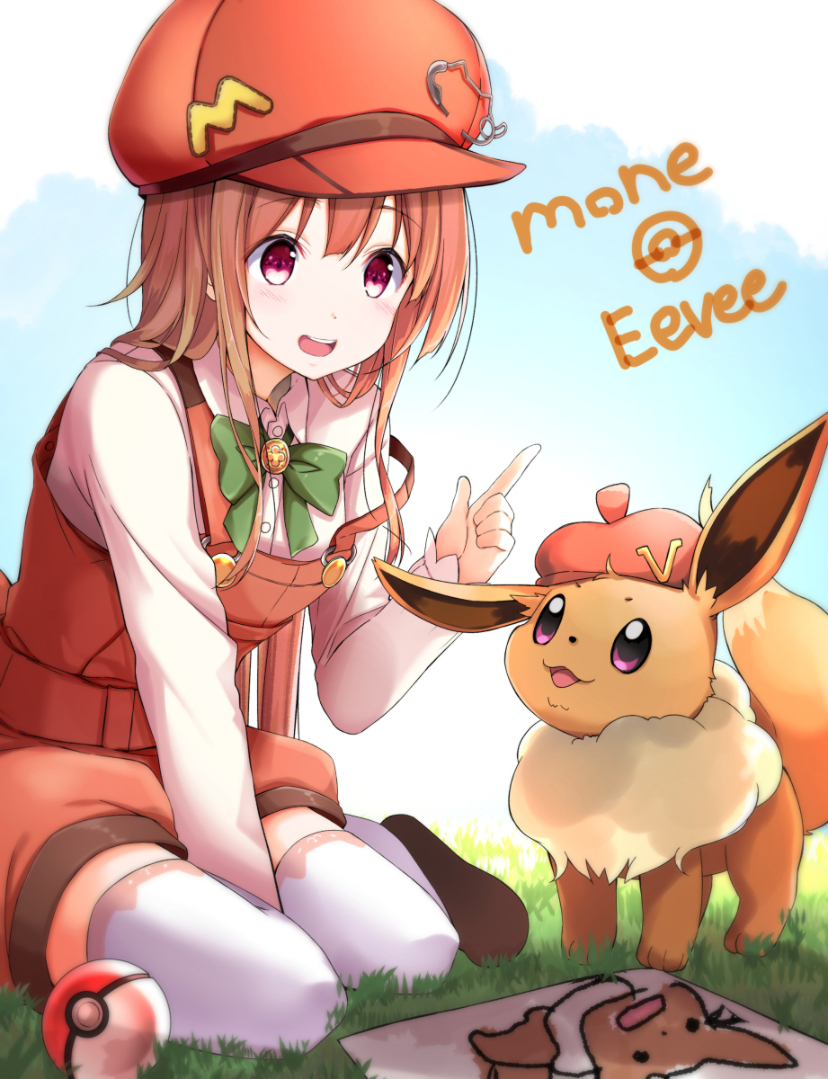 1girl :d bangs blush bow brown_hair brown_hat cabbie_hat collared_shirt commentary_request copyright_request creatures_(company) drawing dress_shirt eevee eyebrows_visible_through_hair game_freak gen_1_pokemon grass green_bow hair_between_eyes hat highres index_finger_raised long_hair long_sleeves na53 nintendo on_grass open_mouth overall_shorts poke_ball poke_ball_(generic) pokemon pokemon_(creature) red_eyes round_teeth shirt sitting sleeves_past_wrists smile strap_slip teeth upper_teeth violet_eyes virtual_youtuber white_shirt