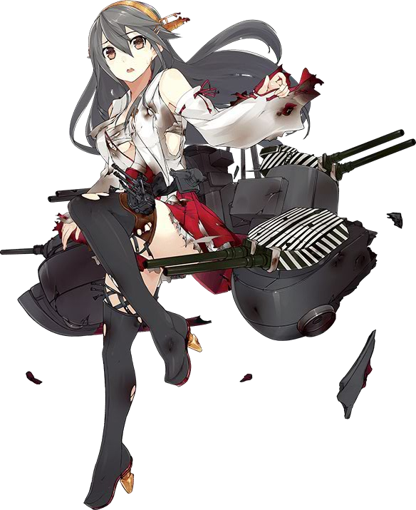 black_hair brown_eyes cannon detached_sleeves haruna_(kantai_collection) headband kantai_collection konishi_(koconatu) looking_at_viewer nontraditional_miko official_art personification sarashi skirt thigh-highs torn_clothes torn_thighhighs