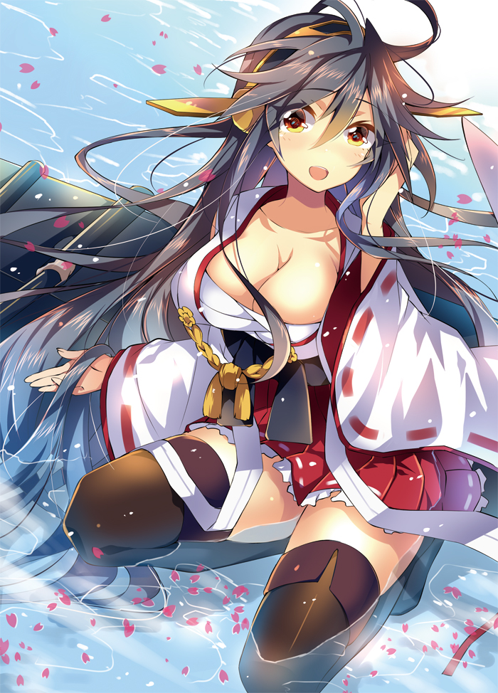 1girl _hair akishima_kei amber_eyes breasts brown_hair cleavage haruna_(kantai_collection) japanese_clothes kantai_collection long_hair looking_at_viewer nontraditional_miko personification petals skirt solo thigh-highs very_long_hair water zettai_ryouiki