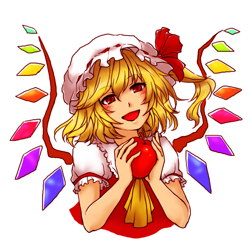 1girl apple ascot blonde_hair bust flandre_scarlet food fruit holding looking_at_viewer mob_cap open_mouth puffy_short_sleeves puffy_sleeves red_eyes short_sleeves side_ponytail simple_background smile solo toriaezu_shouyu touhou white_background wings