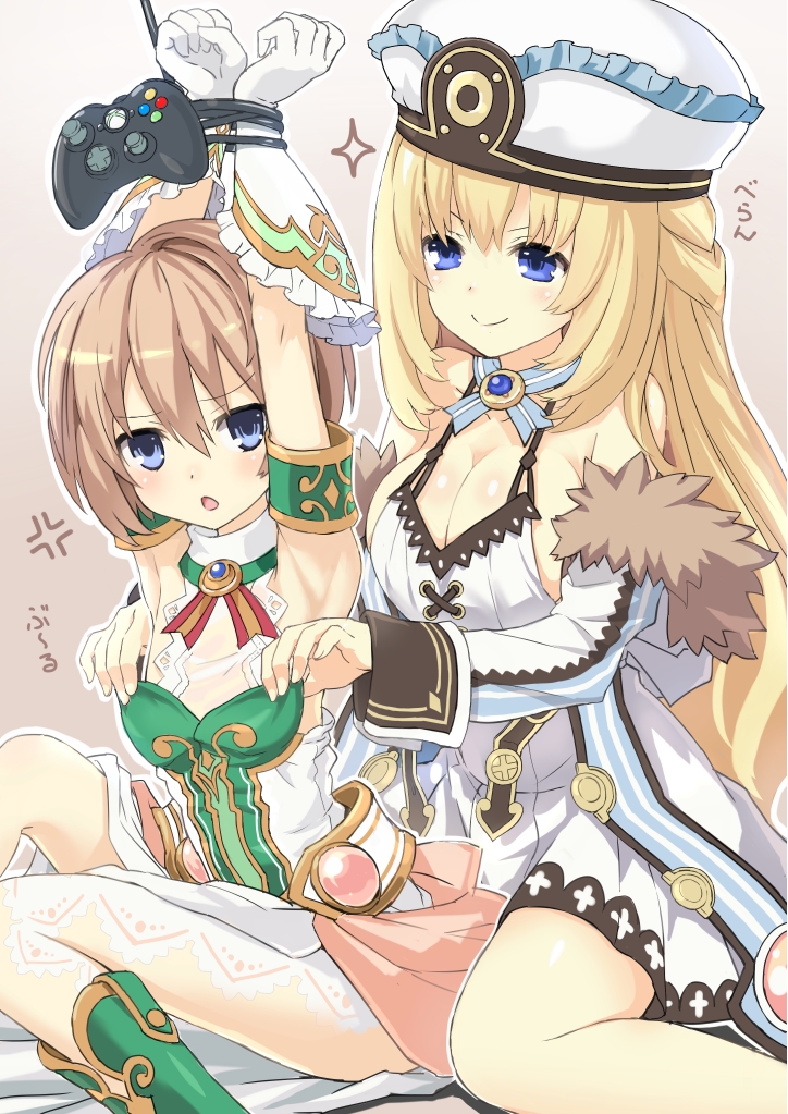&gt;:) 2girls anger_vein armpits arms_up bare_shoulders blanc blanc_(cosplay) blonde_hair blue_eyes blush bound_wrists breasts brown_hair choujigen_game_neptune cleavage collarbone controller cosplay costume_switch dress frilled_gloves frilled_hat frills game_controller gloves hat large_breasts long_hair long_sleeves multiple_girls neck_ribbon open_mouth outline ribbon shiitake_urimo short_hair sitting smile sparkle vert vert_(cosplay) very_long_hair white_dress white_gloves