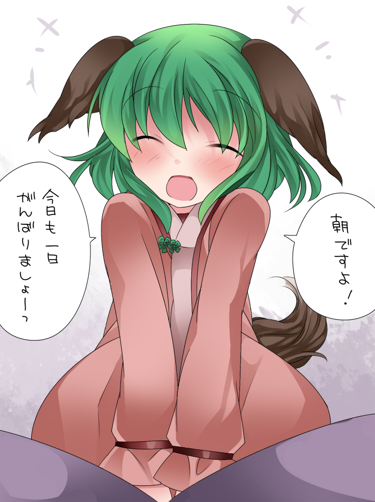 1girl :d ^_^ animal_ears bed bed_sheet blush closed_eyes commentary dog_ears dog_tail green_hair hammer_(sunset_beach) happy kasodani_kyouko kneeling open_mouth smile solo tail touhou translated v_arms