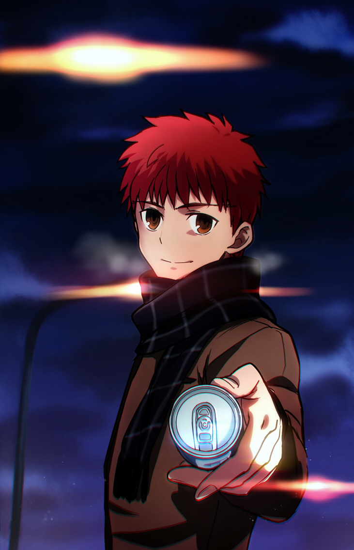 1boy brown_eyes can canned_coffee emiya_shirou fate/stay_night fate_(series) lamppost male night night_sky offering_drink redhead scarf sky smile solo sunday31