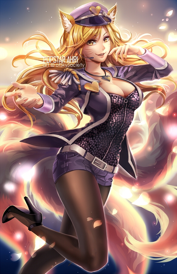 1girl ahri alice_jing alternate_costume alternate_hair_color animal_ears blonde_hair breasts cleavage fox_ears fox_tail hat heart heart_necklace high_heels league_of_legends long_hair looking_at_viewer multiple_tails pantyhose solo tail yellow_eyes