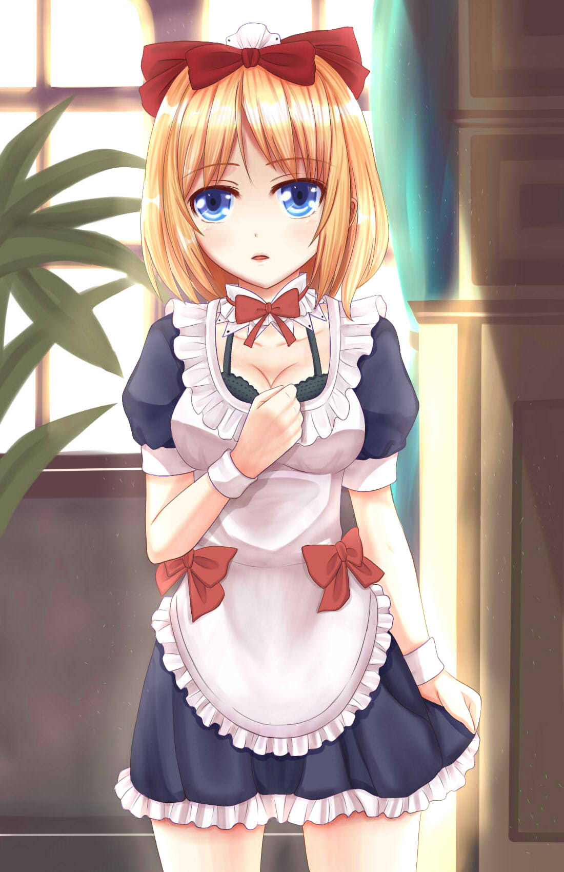 1girl alice_margatroid alternate_costume apron black_bra blonde_hair blue_dress blue_eyes bow bra breasts check_commentary cleavage collarbone commentary dress enmaided hair_bow highres looking_at_viewer maid maid_apron plant puffy_short_sleeves puffy_sleeves short_sleeves solo touhou underwear wendell window wrist_cuffs