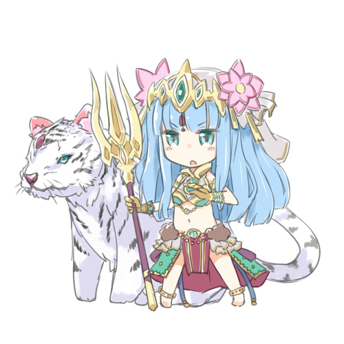 &gt;:o 1girl :o animal anklet aqua_eyes barefoot beads blue_hair blush chibi facial_mark flower forehead_mark hair_flower hair_ornament headdress holding holding_weapon jewelry long_hair lowres navel open_mouth parvati_(p&amp;d) polearm puzzle_&amp;_dragons simple_background skirt solo tiara tiger trident weapon white_background white_tiger yukitarou_(awamori)