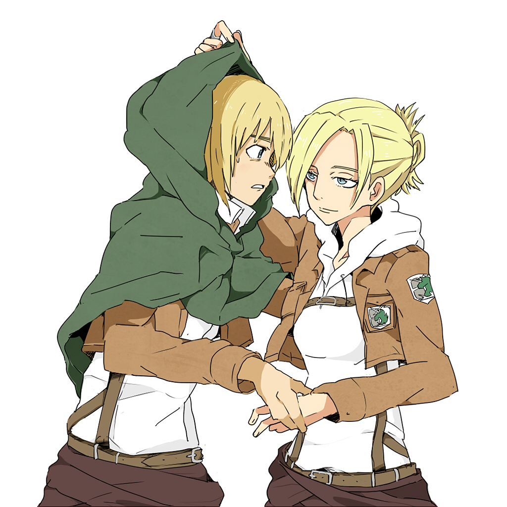 1boy 1girl annie_leonhardt armin_arlert belt blonde_hair blue_eyes commentary_request jacket kaika shingeki_no_kyojin short_hair simple_background uniform white_background