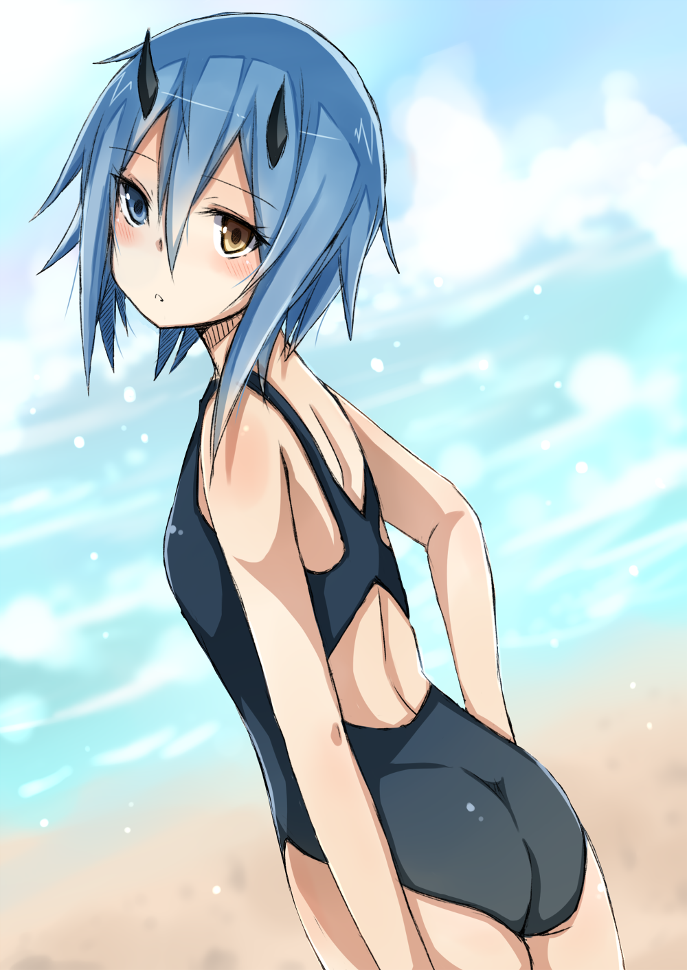 1girl ass blue_eyes blue_hair competition_swimsuit from_behind heterochromia highres horns io_(pso2) looking_back noe_(mabue) one-piece_swimsuit phantasy_star phantasy_star_online_2 short_hair swimsuit yellow_eyes