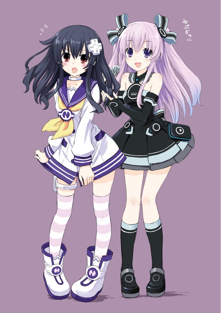 2girls alternate_hairstyle bare_shoulders black_hair black_legwear blush boots bow breasts choker choujigen_game_neptune choujigen_game_neptune_mk2 collarbone cosplay costume_switch d-pad dress elbow_gloves flying_sweatdrops gloves hair_brush hair_brushing hair_ornament long_hair multiple_girls nepgear nepgear_(cosplay) open_mouth purple_hair red_eyes shiitake_urimo simple_background socks striped striped_legwear thigh-highs thigh_strap two_side_up uni_(choujigen_game_neptune) uni_(choujigen_game_neptune)_(cosplay) violet_eyes