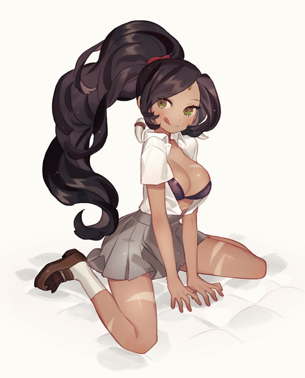 1girl :q alternate_costume black_hair blush bra breasts cleavage dark_skin green_eyes grey_skirt gwayo league_of_legends long_hair nidalee open_clothes open_shirt ponytail shirt shoes short_sleeves sitting skirt smile socks solo tongue tongue_out underwear white_shirt