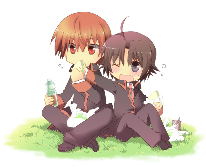 2boys ahoge bag blush bottle brown_eyes brown_hair chibi drink eating flustered grass juice_box little_busters!! looking_at_another multiple_boys naoe_riki natsume_kyousuke necktie one_eye_closed open_mouth outdoors red_eyes redhead sandwich school_uniform shopping_bag sitting surprised sweatdrop