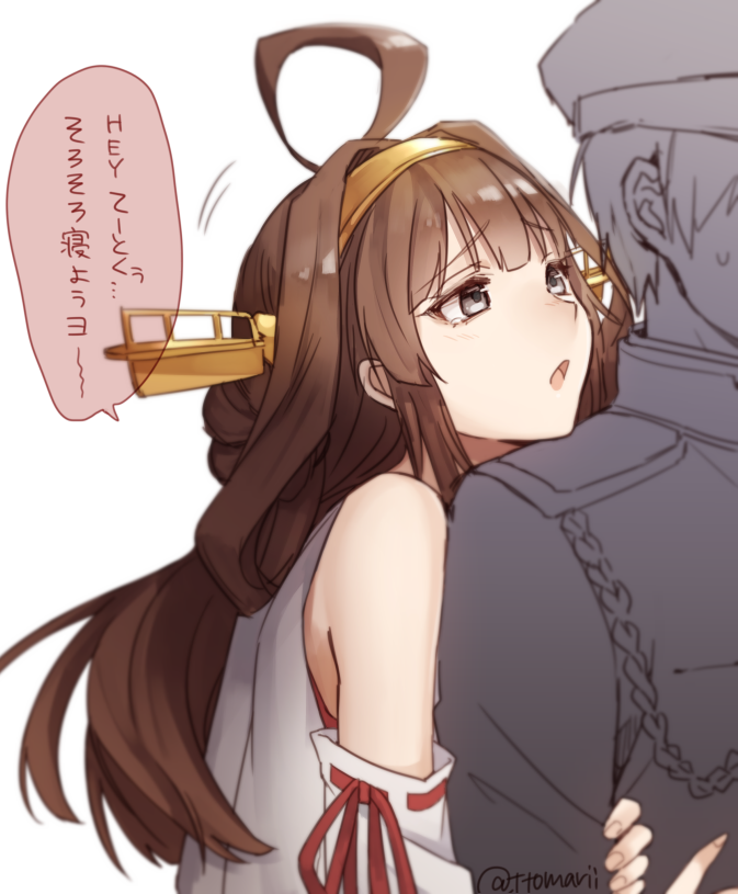 1girl ahoge blush brown_hair detached_sleeves double_bun grey_eyes hair_ornament hairband kantai_collection kongou_(kantai_collection) long_hair nontraditional_miko open_mouth solo_focus translation_request veryberry00