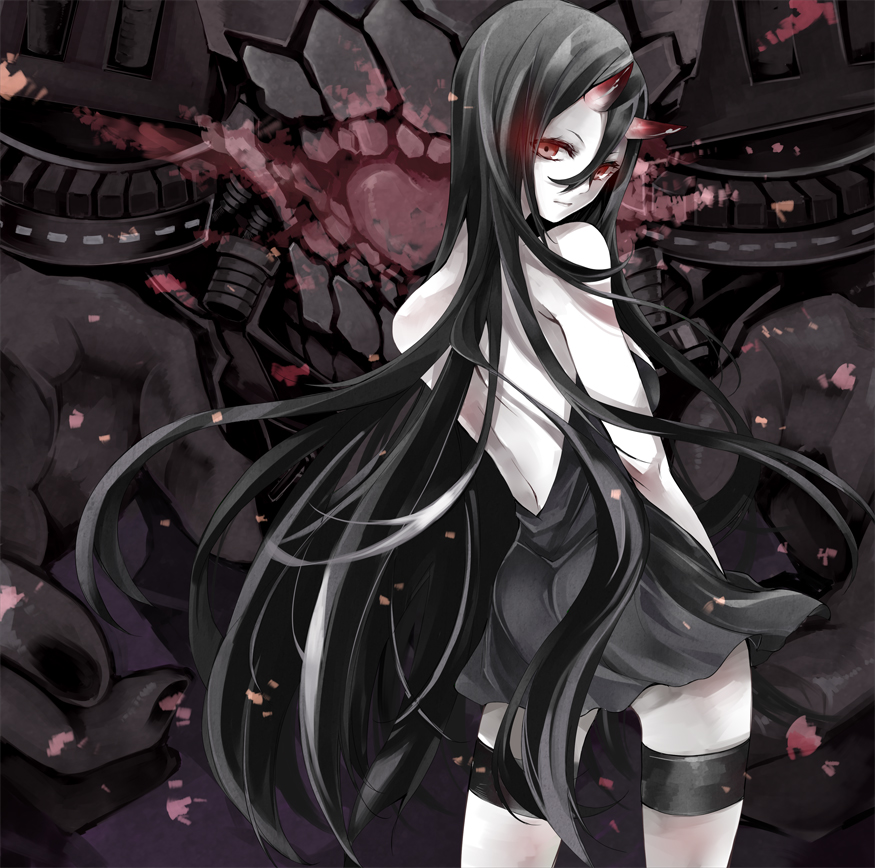 1girl ass atoshi back bare_arms battleship-symbiotic_hime black_hair dress horns kantai_collection long_hair looking_at_viewer oni_horns pale_skin personification red_eyes short_dress solo thigh_strap very_long_hair